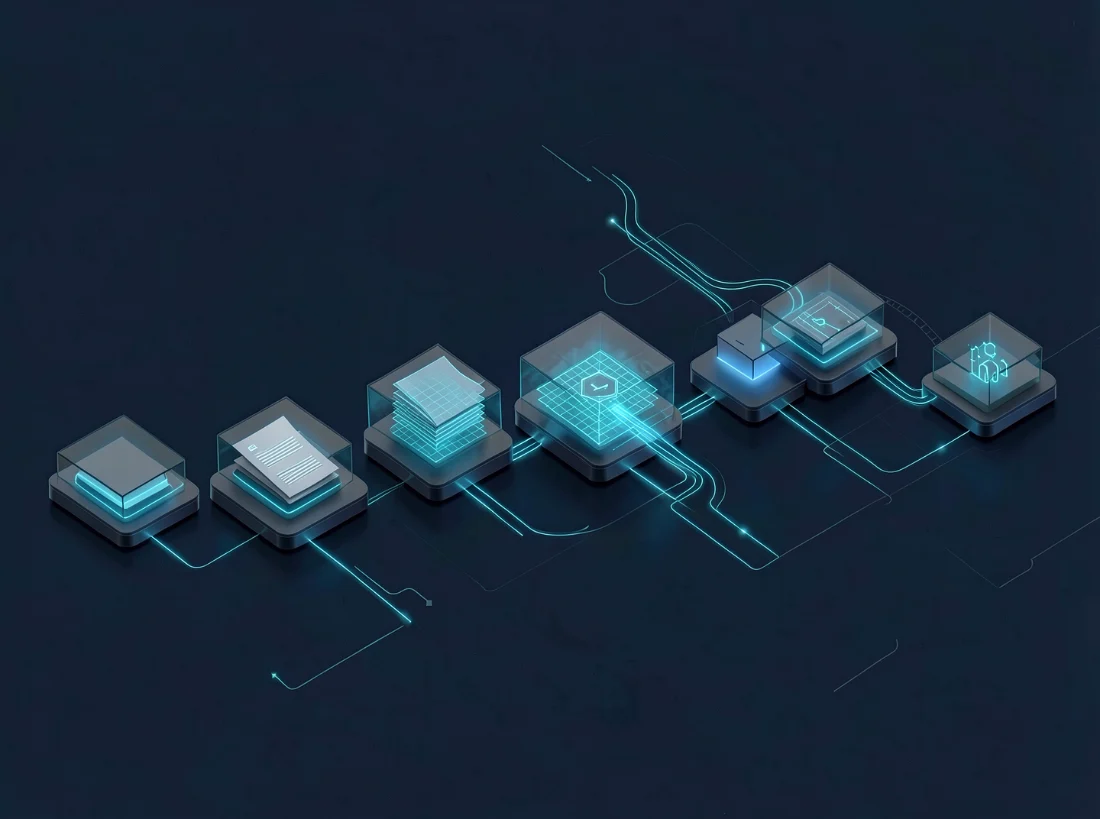 Workflow d'automatisation opérationnelle reliant l'entrée, le traitement, la validation et le résultat.